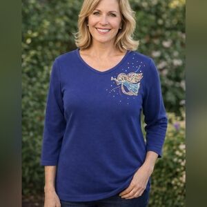 Quacker Factory Royal Blue V-Neck Long Sleeve Top with Embellished Angel